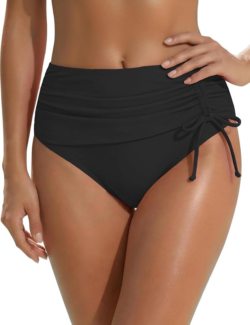 Blooming Jelly Womens High Waisted Bikini Bottoms Tummy Control Swim Suit Brief Drawstring Ruched Bathing Suit Bottom (X-Large, Black)