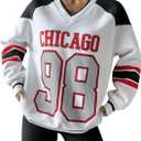 SweatyRocks Women's Color Block Number Graphic Long Sleeve Sweatshirts V Neck Loose Pullover Tops (White, S)