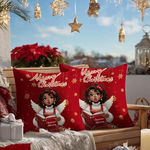 2 x Set of 2 Christmas Throw Pillow Covers 18x18 Inch Soft Decorative Angel Cushion Covers Holiday Blessing Winter Christmas Pillow Cases Rustic Farmhouse Decor for Sofa Couch Bed Living Room