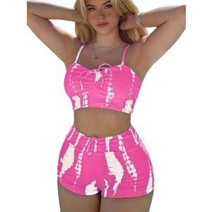 SHENHE Women's Tie Dye Tankini Swimsuits High Waisted Tummy Control Bikini Sets (Medium, Pink and White)