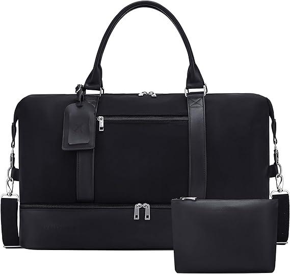Oeihuivt Weekender Bags for Women - 21 Inch Large Travel Duffel Bag 2-Piece Set with Shoe Compartment, Heavy-Duty Canvas & Leather Carry On Overnight Tote (Airplane Approved), Black