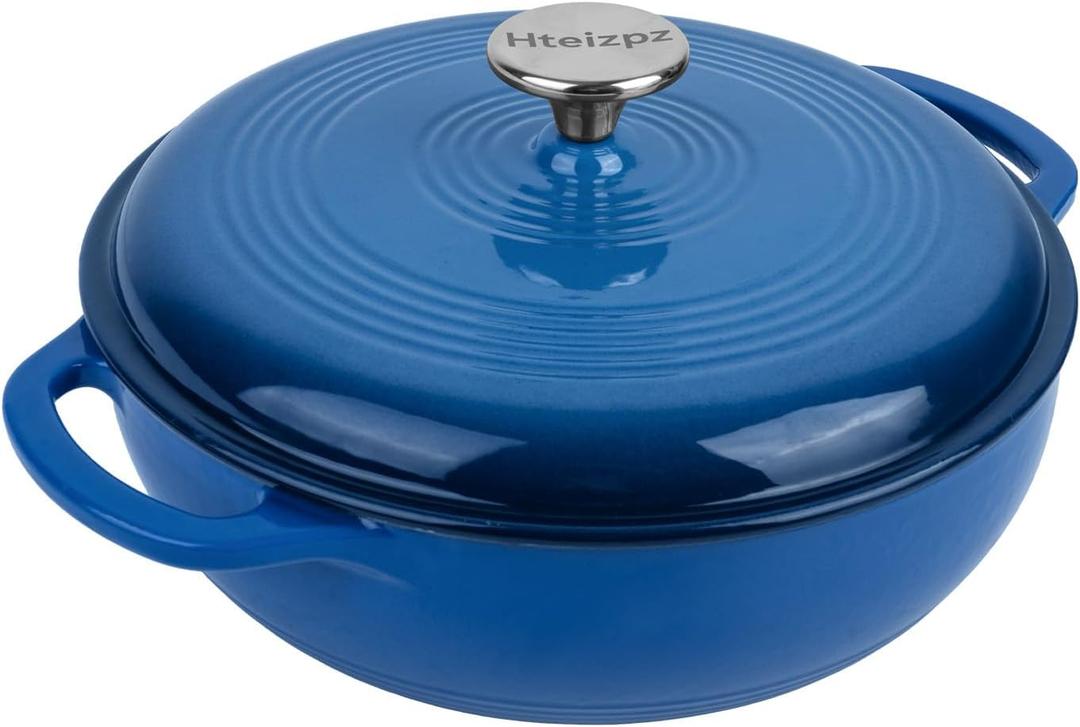 Enameled Cast Iron Dutch Oven Pot with Lid, 3 Quart Shallow Dutch Oven, Oven Safe up to 500 F, Suitable for Bread Baking, Braising, Roasting, Stews, Blue