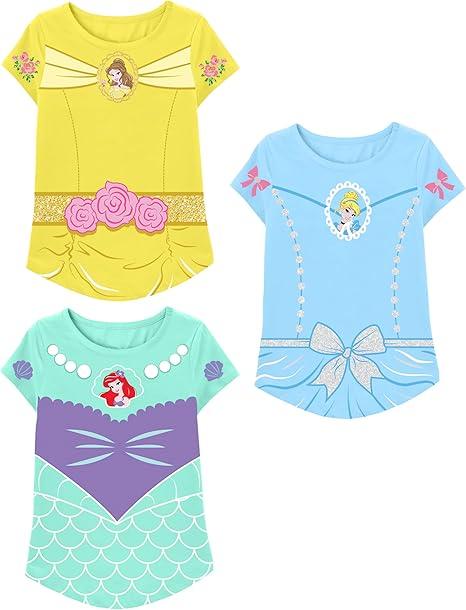 Disney Princess Girls T-Shirt (Sets) Jasmine Ariel Tiana Snow White Belle Rapunzel Cinderella Mulan Aurora Moana Clothes 3T, 3 Pack