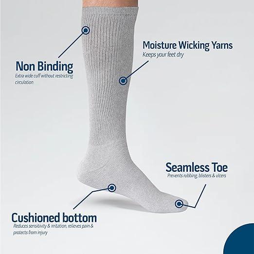 2 Pairs Diabetic Socks Over The Calf - Knee High Premium Cotton Socks Men's Size 10-13 Big & Tall Size 13-16