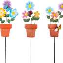3 Pcs Metal Flower Garden Stakes, 24" H Flower Pot Shape Decorative Garden Stakes, Metal Yard Art for Outdoor Spring Lawn Patio Pathway Decor