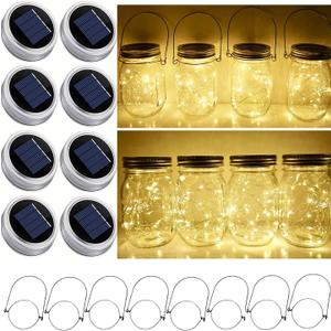 Solar Mason Jar Lid String Lights, 8 Pack 20 Led String Fairy Star Firefly Jar Lids Lights with 8 Hangers Included (Jars Not Included), for Mason Jar Patio Garden Wedding Lantern (Warm White)
