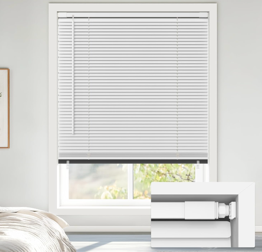 LazBlinds No Drill Blackout Vinyl Mini Blinds, White 31"x64" | No tools needed. Child-safe cordless lift. 100% blackout for total privacy. Durable, easy clean.