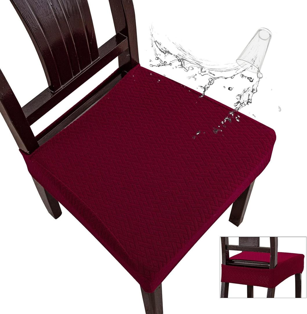 Waterproof Seat Covers for Dining Room Chairs, Rear Gapped | Stretch Waterproof Dining Chair Seat Covers, Washable Dining Chair Slipcovers, 6PCS, Wine Red