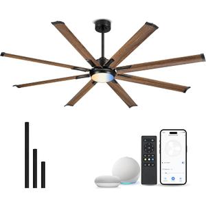 72 Inch Ceiling Fan with Light, Industrial Design with 8 Aluminum Blades, Smart Control Compatible with Alexa, Indoor Outdoor Garage Fan for Living Room Patio, Model ZCCF04WD-72 (Dark Wood Grain)