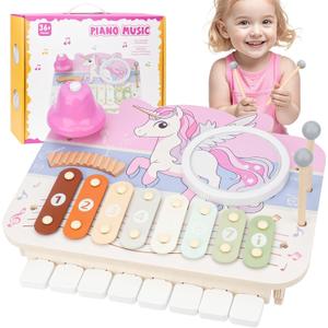 Kids Piano Musical Toys - 5 in 1 Wooden Music Instruments Montessori Toys for Baby Toddler, Sensory Toys with Drum Xylophone, Preschool Educational Toys, Birthday Gifts for Girls Boys Pink