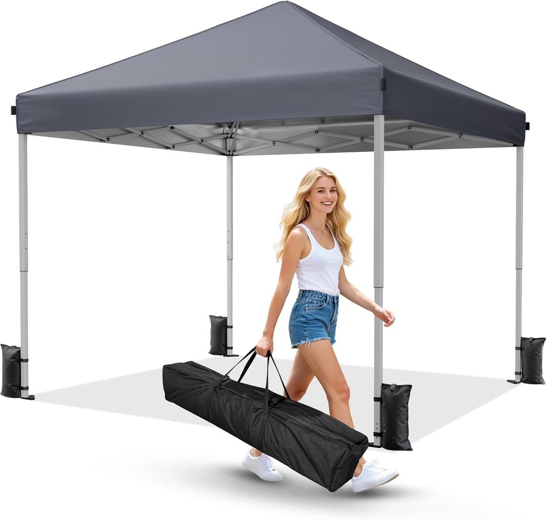 Driftalia 10x10 Pop Up Canopy Tent, Instant Setup Portable Canopy with Carry Bag, 4 Sandbags and 8 Stakes for Outdoor Events, Parties & Camping - Dark Grey