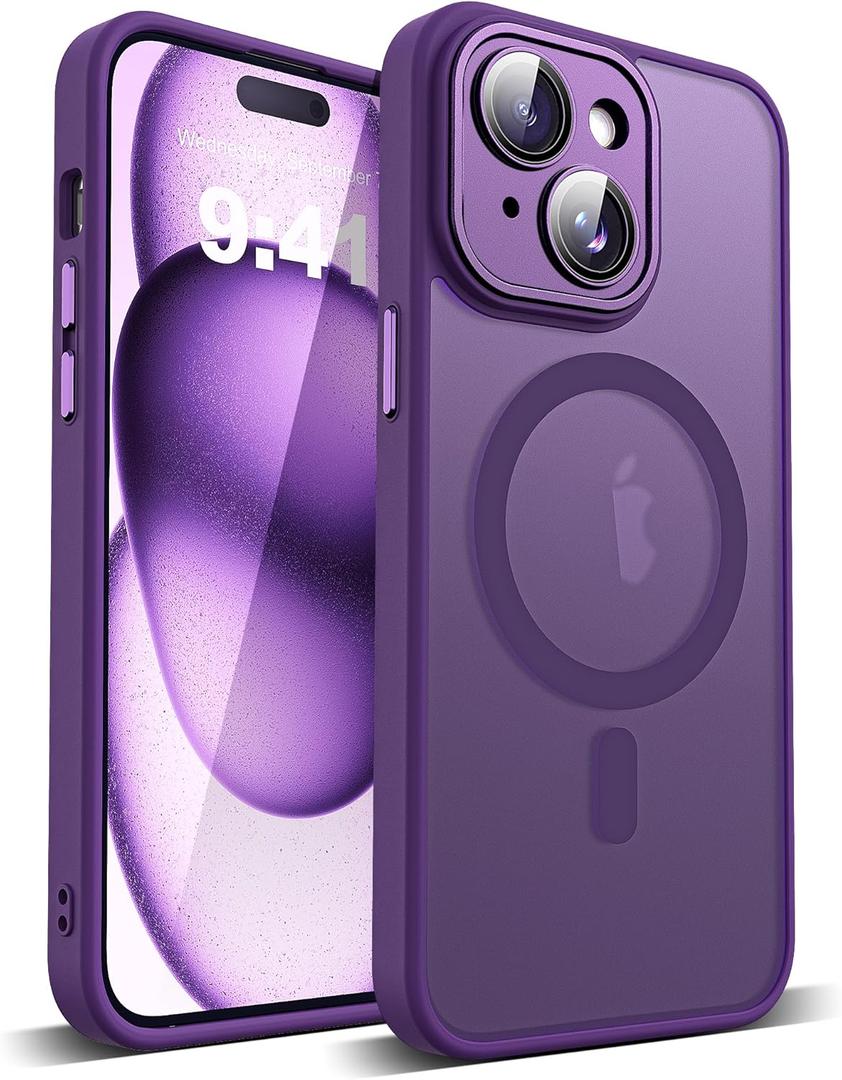 YEMORAN Compatible with iPhone 15 Case with Built-in Camera Lens Protectors Translucent Magnetic iPhone 15 Phone Case 6.1" [Compatible with Mag-Safe][Great Grip Feeling], Purple