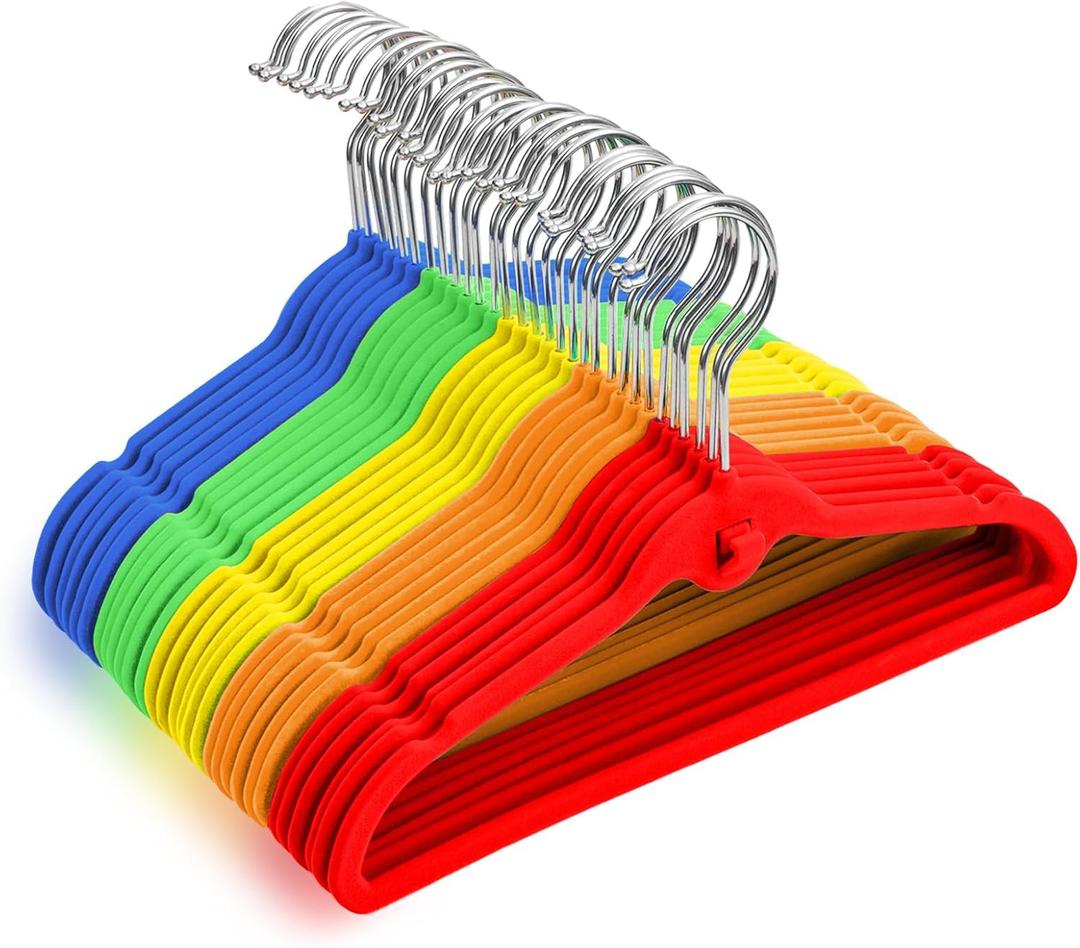 Pack of 30 Kids Velvet Hangers, Non-Slip Space-Saving with Cascading Mini Hooks, Rainbow Colors (Red, Orange, Yellow, Green, Blue) Baby and Toddler Clothes Organization