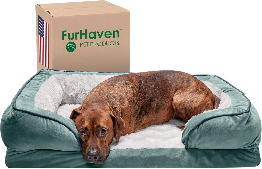 Furhaven Memory Foam Dog Bed for Large/Medium Dogs w/ Removable Bolsters & Washable Cover, For Dogs Up to 55 lbs - Plush & Velvet Waves Perfect Comfort Sofa - Celadon Green, Large (36.0"L x 27.0"W x 7.5"Th)