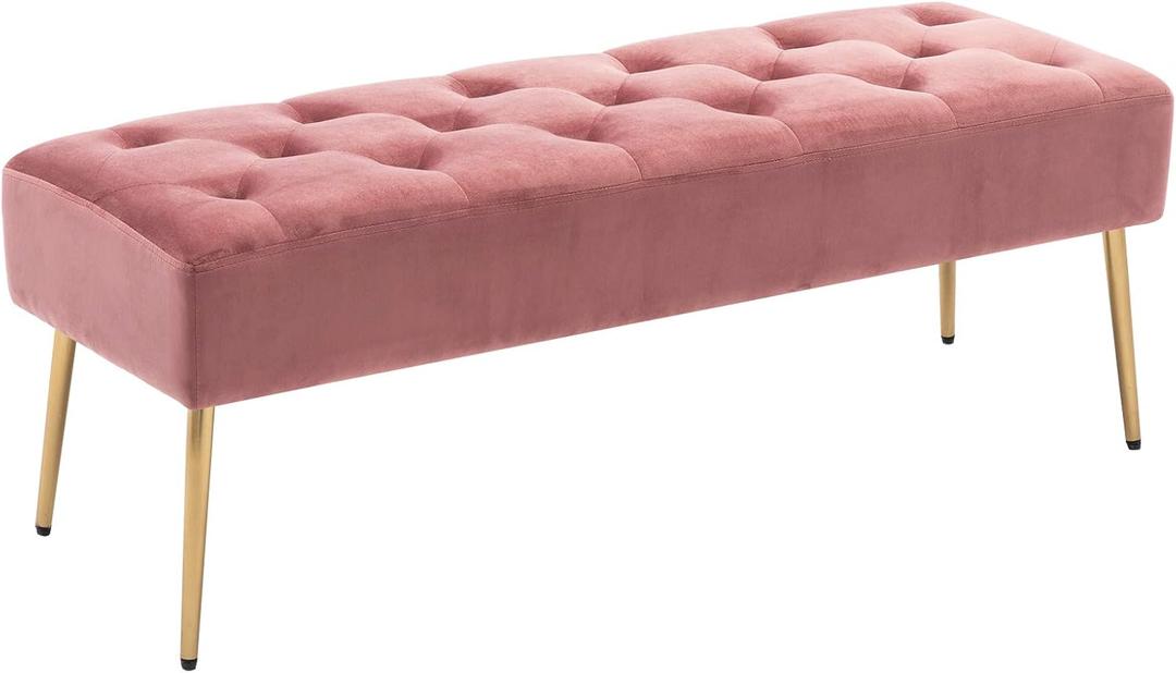 DUHOME Modern Velvet Ottoman Bench, Button-Tufted Upholstered Bedroom Benches,End of Bed Bench with Gold Base for Entryway Living Room Dining Room, Pink DUHOME Modern Velvet Ottoman Bench, Button-Tufted Upholstered Bedroom Benches,End of Bed Bench with Gold Base for Entryway Living Room Dining Room, Pink