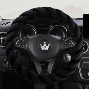Luxury Fluffy Winter Car Steering Wheel Cover for Women Soft Warm Plush Cute Auto Accessories for Vehicle, Sedan, Universal, Fuzzy, Anti Slip, Black, Standard Size, 14.75-15.15"