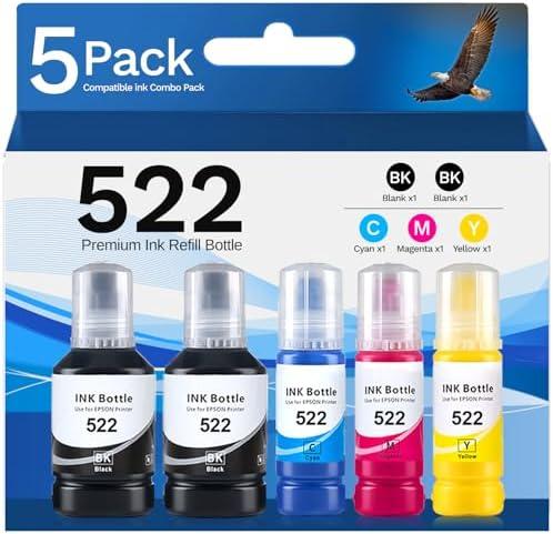 522 Ink Refill Bottles Compatible for Epson 522 Ink Refill Bottles 5 Pack Replacement for EcoTank ET-2803 ET-2800 ET-2720 ET-4800 Printer