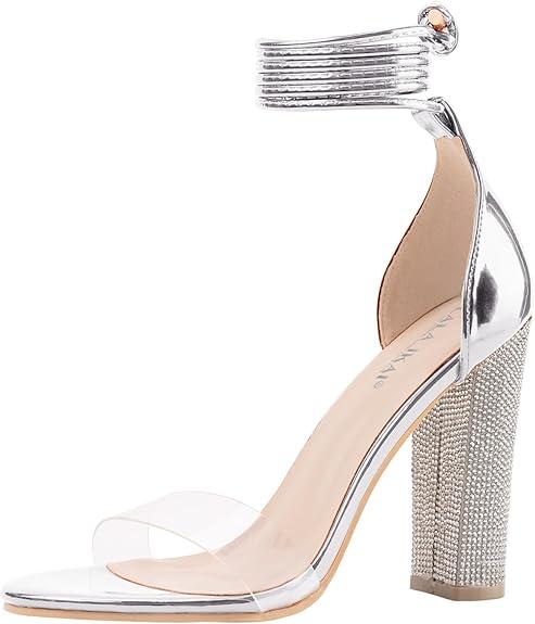 LALA IKAI Chunky Heels Sandals for Women Comfy Open Toe Strappy Rhinestone High Heeled Sandals White Silver Gold Black Ankle Clear Heels for Party Wedding 

 6.5