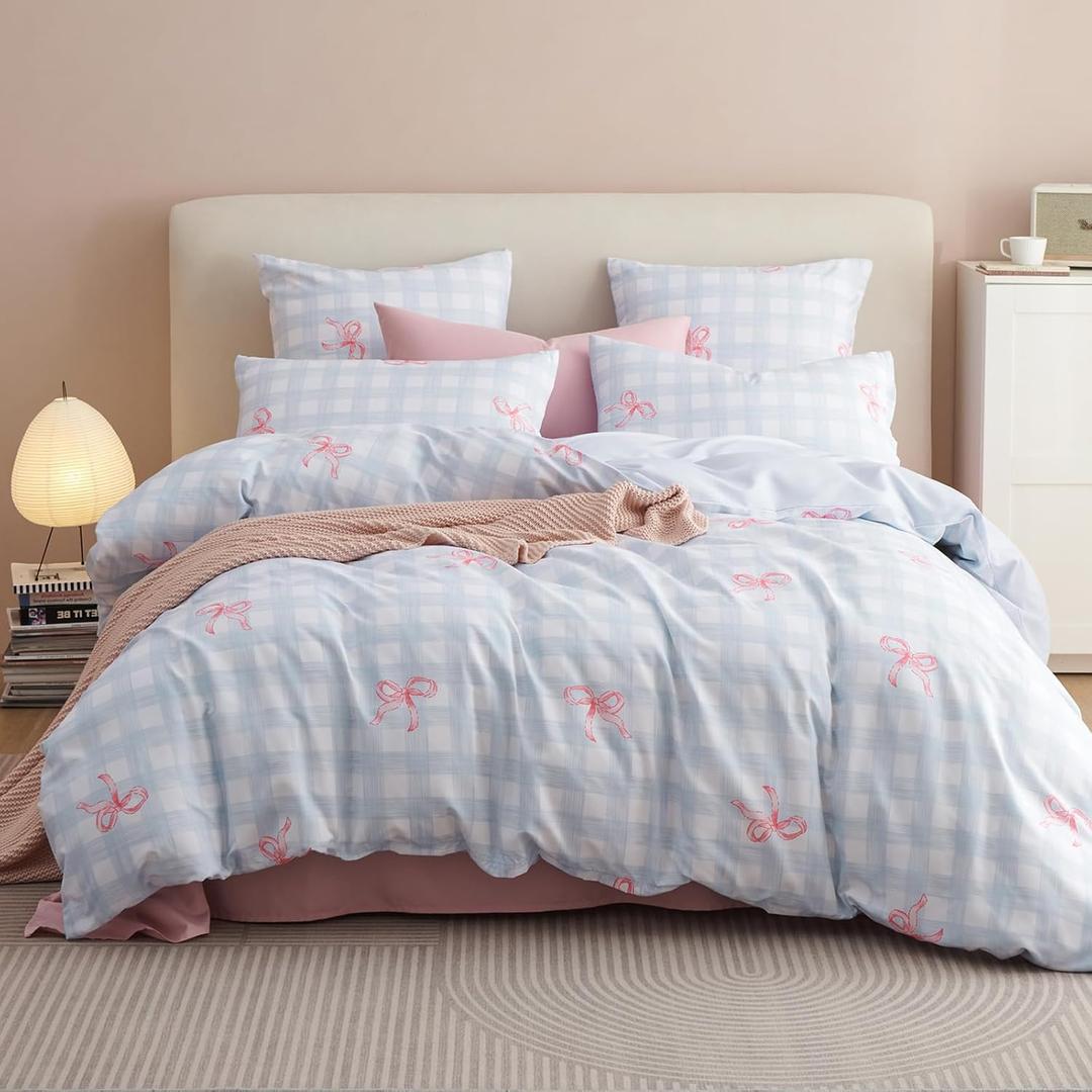 Duvet Cover Queen Size Blue Plaid Pink Bowknot Comforter Cover Soft & Lightweight Microfiber Quilt Cover with Zipper Closure and 2 Pillowcases