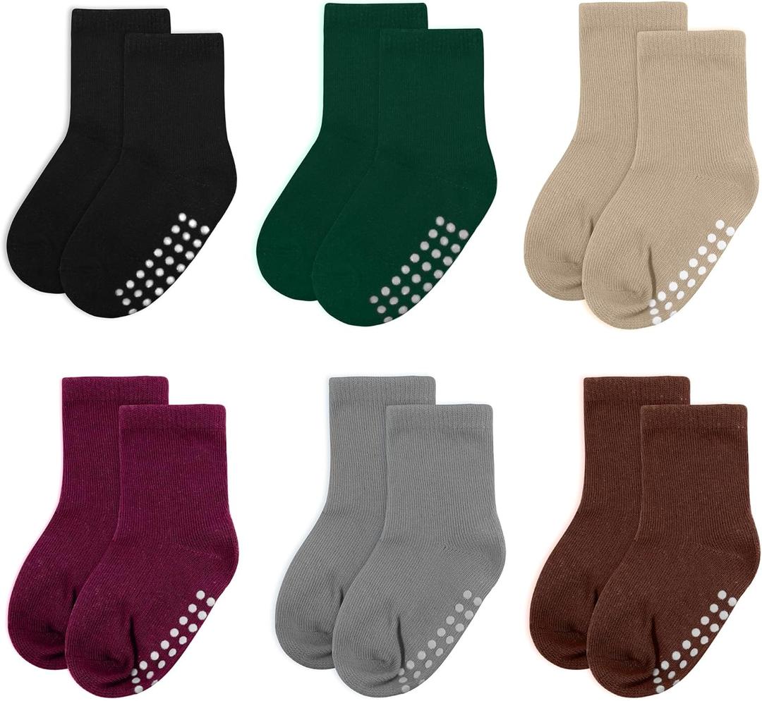 3 x 6 Pack Baby Socks and Toddler Socks,Soft Cotton Crew Socks with Non-Slip Grips for Infants,Boys and Girls,4-7 Years,(Black/DarkGreen/Khaki/RedBrown/Gray/Maroon)