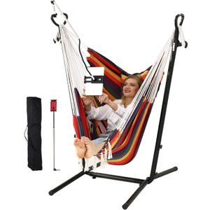 ZEYU Hammock Chair with Stand Double Hammock Chair Bohemian Style with Tassel Mobile Phone Support Manual Adjustable Swing Indoor and Outdoor Garden Porch with Floor mat Reclining Capacity 400 pounds