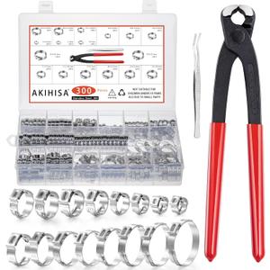AKIHISA 300pcs 16 Sizes Single Ear Hose Clamps, 5.3-36.1mm Stainless Steel_304 Crimp Hose Clamps Cinch Rings Assortment Kit for Automotive, Pipe, Plumbing