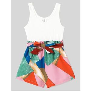 PATPAT Mom and Daughter Matching Jumpsuits - Black Tank Top with Floral Wide-Leg Shorts (8-9 Years, Palette White) PATPAT Mom and Daughter Matching Jumpsuits - Black Tank Top with Floral Wide-Leg Shorts (8-9 Years, Palette White)