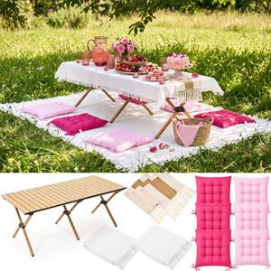 Geetery 10 Pcs Picnic Set, 59" x 20" Folding Low Picnic Table with 91'' x 71'' Large Outdoor Boho Picnics Blanket, Tablecover Runner and 6 Pillows Cushions for Camping Wedding Beach(Square,Pink)