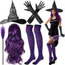 Olgaa 5 Pcs Womens Halloween Witch Costumes Set 2025 Adult Wig Hats Broom Gloves Stockings for Girl Party Cosplay Accessories (Purple)