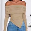 PRETTYGARDEN Women's Off The Shoulder Tops Spring Fashion 2026 Long Sleeve Shirts Going Out Slim Fitted Blouses Fall Clothes (Beige, XS)