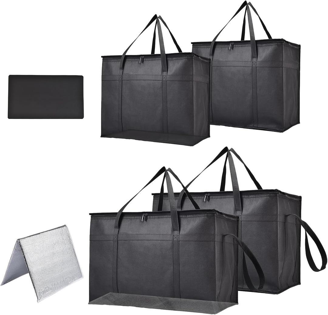 4-Pack Insulated Food Delivery Bags  2 XXXL & 2 XL Reusable Hot & Cold Thermal Bags with Removable Base Plates  Catering, Pizza Delivery, Grocery & Travel