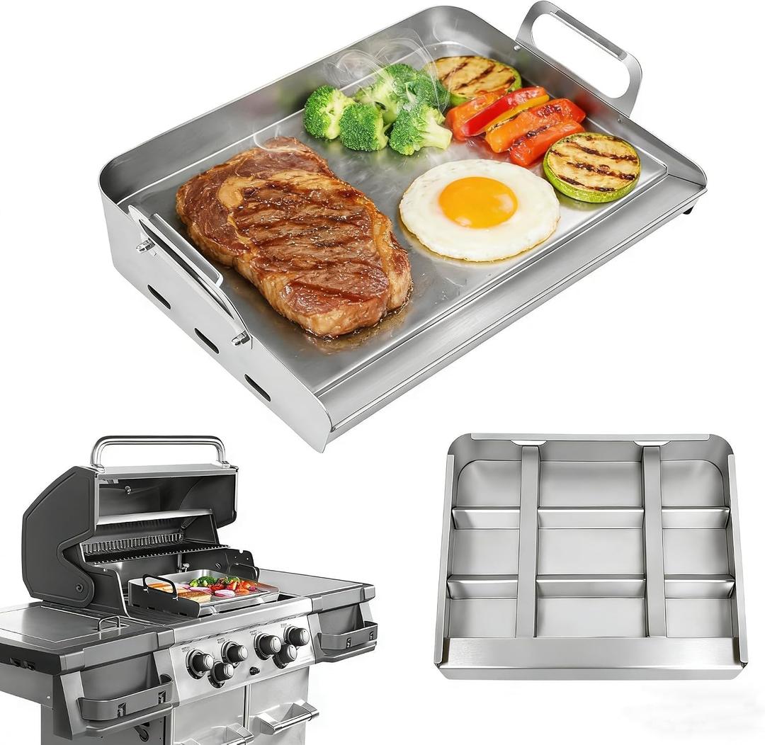 Griddle for Gas Grill, Flat Top Griddle with Non-Stick, Heat Evenly Stainless Steel Griddle, Heat Resistant, No warps, Perfect for Gas/Charcoal Grill, Camping, Tailgating Parties - 23"X16"