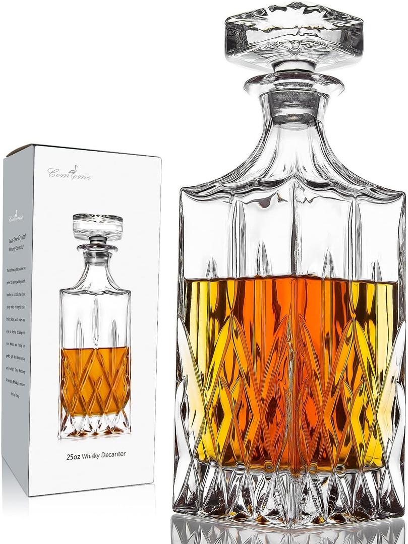 Whiskey Decanter With Glass Stopper, 25 oz Liquor Decanter For Alcohol, Wine, Scotch, Brandy or Bourbon Decanter, Lead-Free Crystal Decanter
