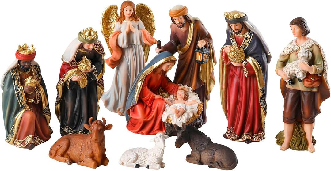 Yinns Nativity Sets, 8 Inch Christmas Nativity Scene Indoor, 11 Piece Resin Nativity Figurine for Christmas Tabletop Religious Xmas Home Decorations