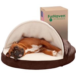 Furhaven 35" Round Memory Foam Dog Bed for Large/Medium Dogs w/ Removable Washable Cover, For Dogs Up to 50 lbs - Sherpa & Suede Snuggery - Espresso, 35-inch