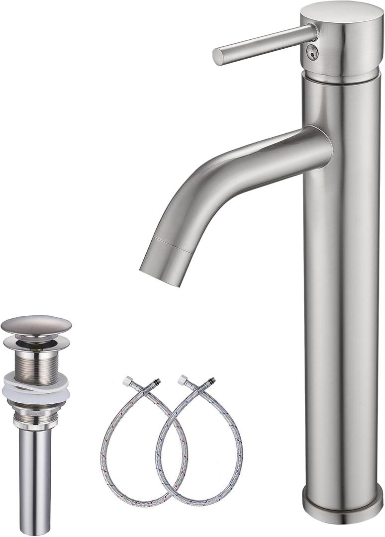 GGStudy Brushed Nickel Bathroom Faucet Single-Handle 1 Hole Bathroom Vessel Sink Faucet Matching Pop Up Drain (Tall)