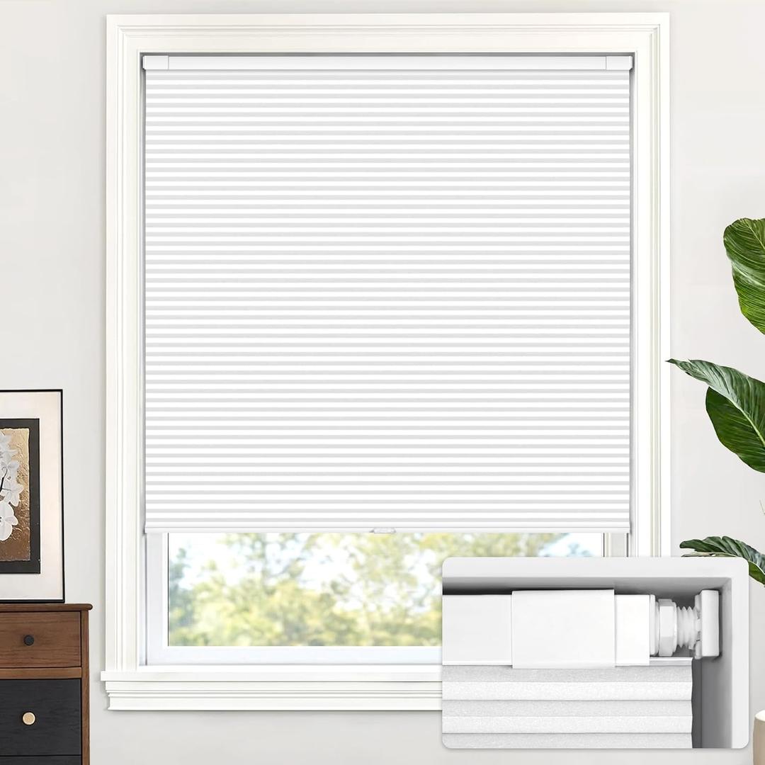 LazBlinds Cordless Cellular Shades, No Tools No Drill Blackout Honeycomb Shades Pleated Blinds for Windows, 34'' W x 48'' H, Silver White