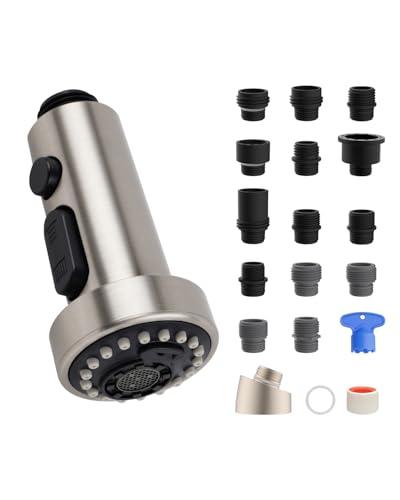 Hibbent Pull Down Kitchen Faucet Head Replacement, 3 Function Sink Faucet Sprayer Head Nozzle with 15 Adapters, Compatible with Moen, American Standard, Delta, Kohler Faucets, Brushed Nickel