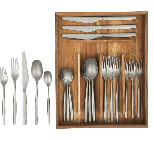Bloomhouse 21 Piece Stone Washed Flatware 18/10 Stainless Steel Silverware Cutlery Utensil Set With Acacia Wood Caddy - Service for 4