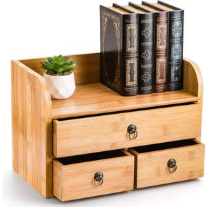 Nicunom Bamboo Desk Organizer, 3-Tier Bamboo Tabletop Storage Organization Multifunctional Desktop Organizer with Drawers for Home Office Toiletries Supplies Vanity