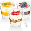 Qeirudu 50 Pack 6 oz Mini Dessert Cups with High Lids and Spoons, Small Plastic Cake Cups Round Shooter Cups for Serving Parfait Appetizer Pudding Fruit Ice Creams