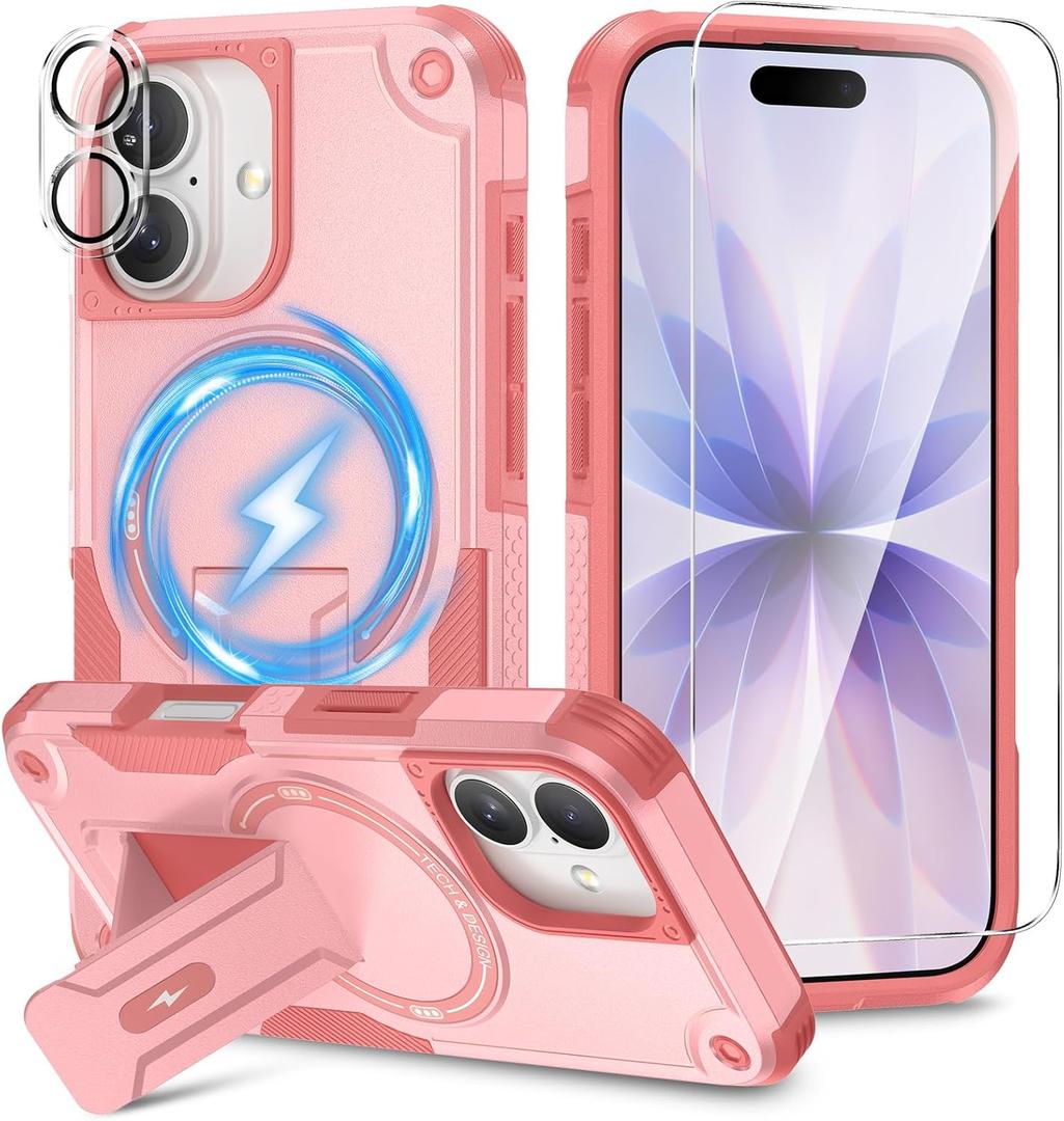 3 in 1 for iPhone 17 Case [Compatible with MagSafe] [Invisible Kickstand] [HD Screen Protector] [Camera Lens Protector], Protective Magnetic Phone Cover for iPhone 17 (Pink)