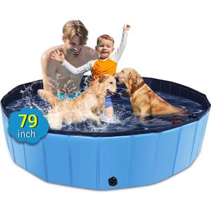 Foldable Dog Pool, 79" x 14" Large Kiddie Pool with Hard Plastic, Non-Slip Dog Bath Tub for Outdoor Backyard, Collapsible Dog Swimming Pool for Kids Dogs Pets (Blue)