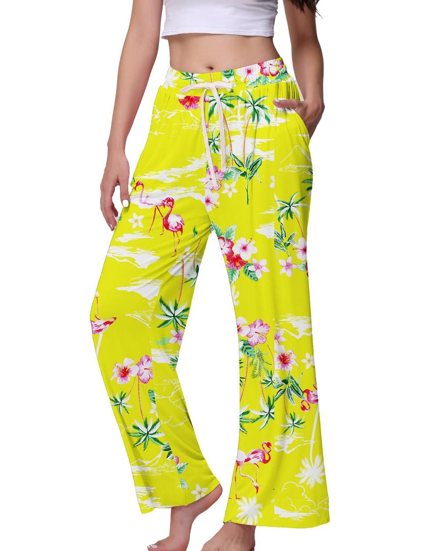 Veseacky Womens Loose Pants Wide Leg Sweatpants Loose Pants for Women Summer Women's Wide Leg Yellow Flower Medium