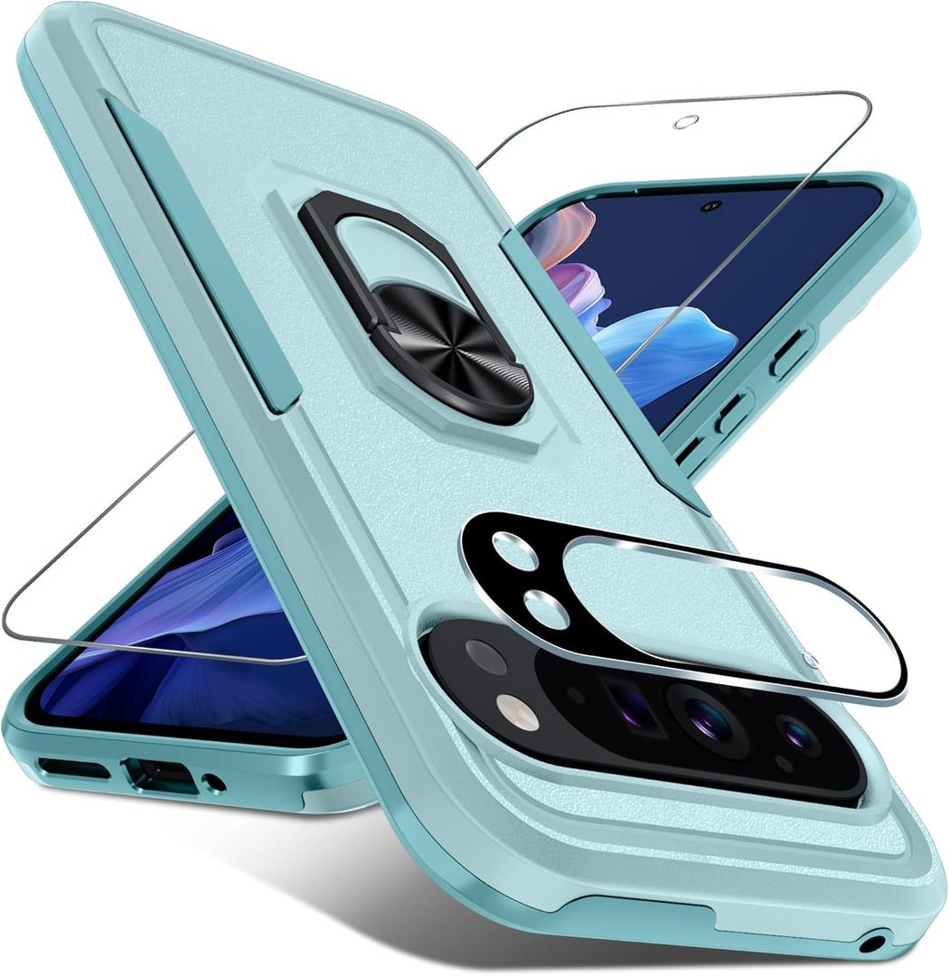 Janmitta for Google Pixel 9 Pro XL Case with Screen Protector+Camera Lens Protector,Heavy Duty Shockproof Full Body Phone Cover Built in Metal Ring Holder Kickstand,2024 Mint Green