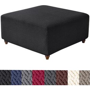 HFCNMY Ottoman Cover Square,Stretch Knitted Jacquard Square Ottoman Cover Thick Ottoman Slipcover Square Washable Storage Ottoman Cover Foot Stool Cover with Elastic Bottom Black Large