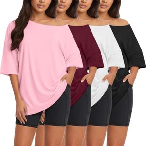 Siimcuzy 4 Pack Womens Off The Shoulder Oversized T Shirts Tops Short Sleeve Tees 2026 Casual Summer Spring Fashion Clothes (M)