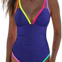 popvil Women's One Piece 2025 Tummy Control Swimsuits Neon Color Block Swimwear Deep V Neck Slimming Bathing Suit, Large