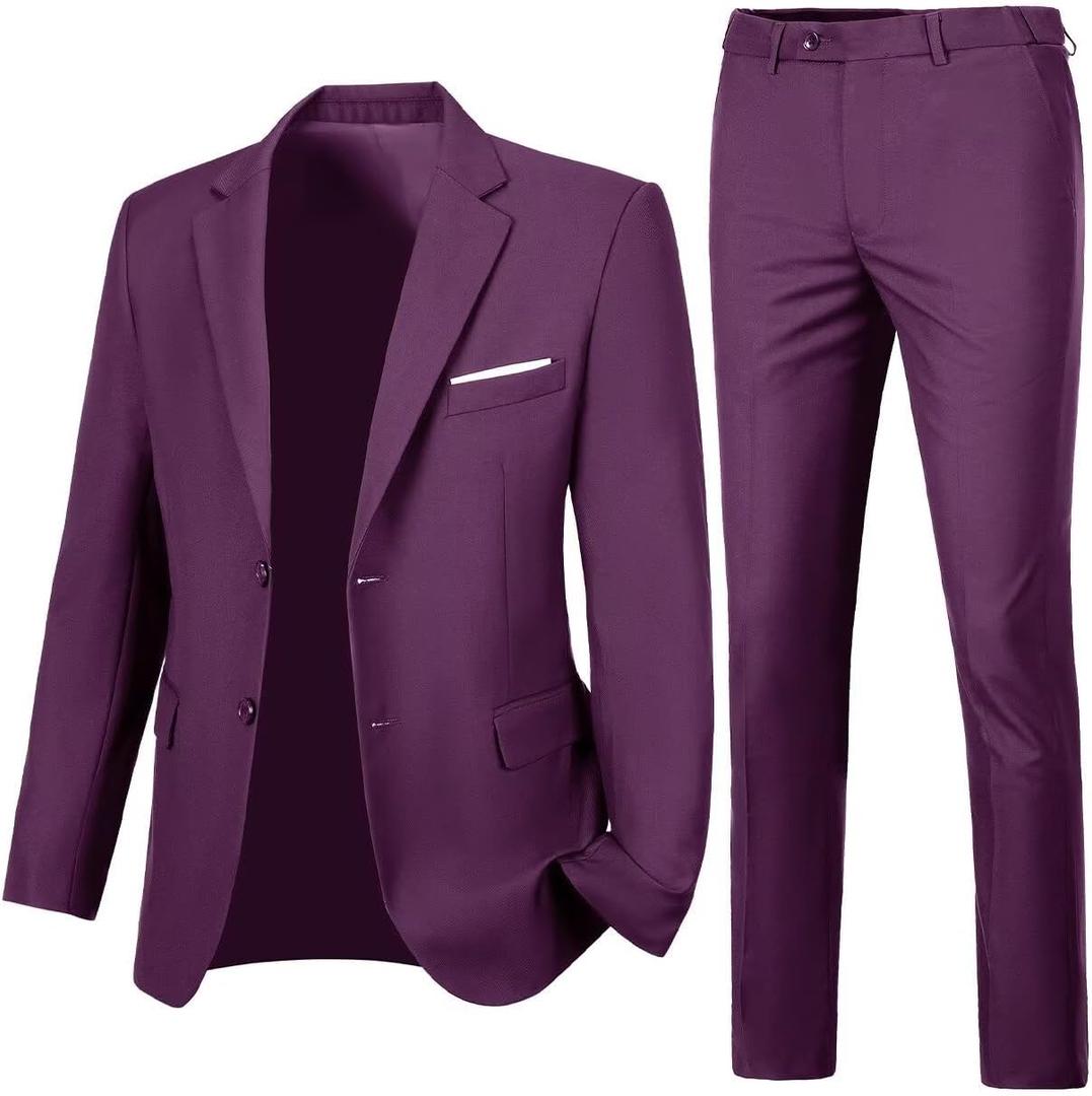 Men's 2 Piece Slim Fit Suit Two Button Formal Solid Suit Jacket Pants Set Wedding Work Prom Tuxedo Men (Medium, Grape Purple)