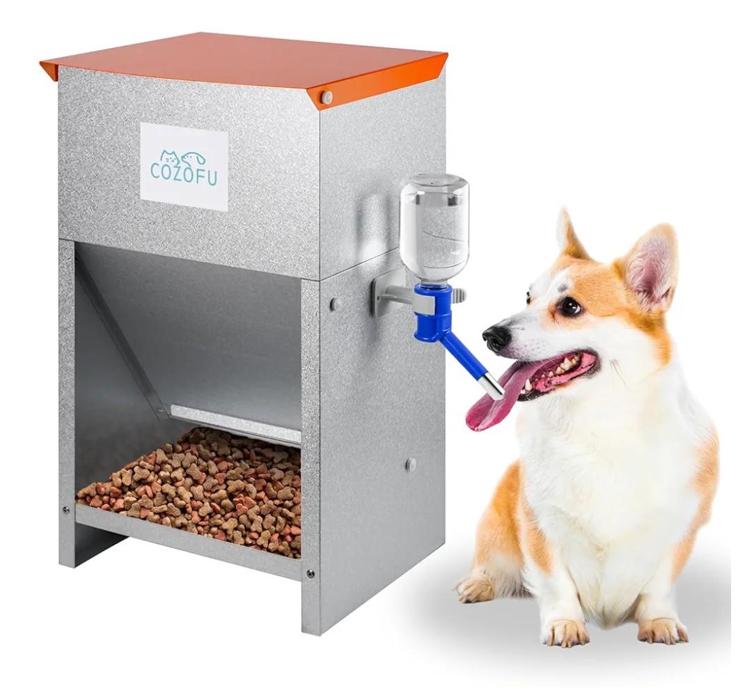 Automatic Gravity-Fed Dog Feeder with Water Bowl - Galvanized Steel Indoor/Outdoor Pet Food Station - 25lb Heavy-Duty Kibble Dispenser for All Dog Sizes